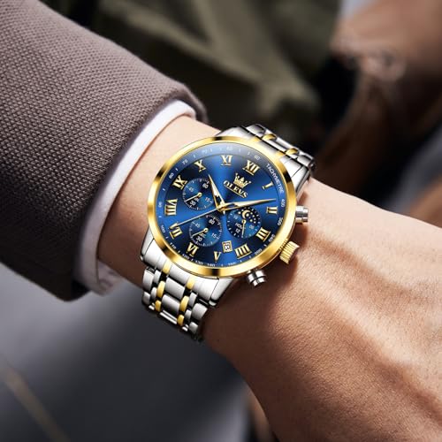 OLEVS Mens Stainless Steel Chronograph Watch, Big Face Roman Numerals Date Analog Quartz Dress Watches for Men, Fashion Multifunctional Waterproof Luminous Hands Men's Wristwatch2