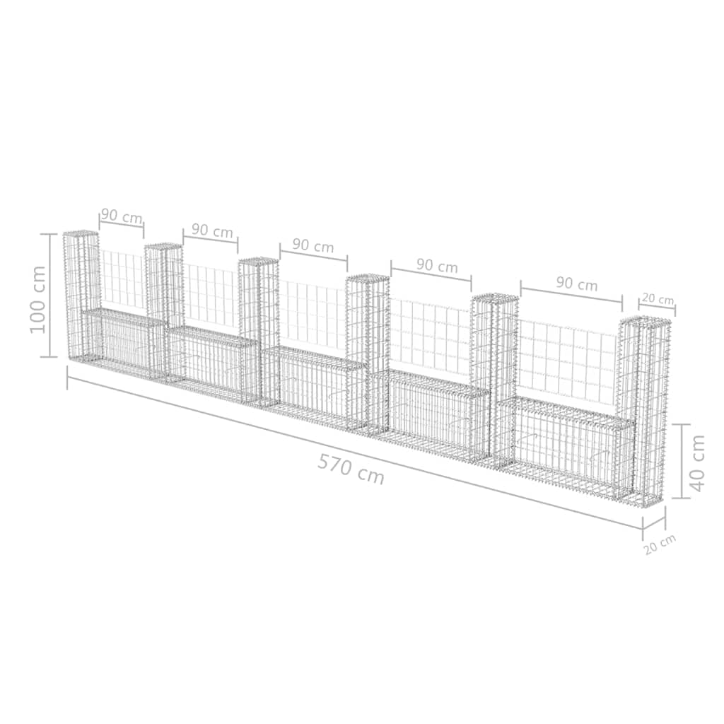 vidaXL Gabione U-Form Stahl 570x20x100cm Steinkorb Drahtkorb Mauersteinkorb