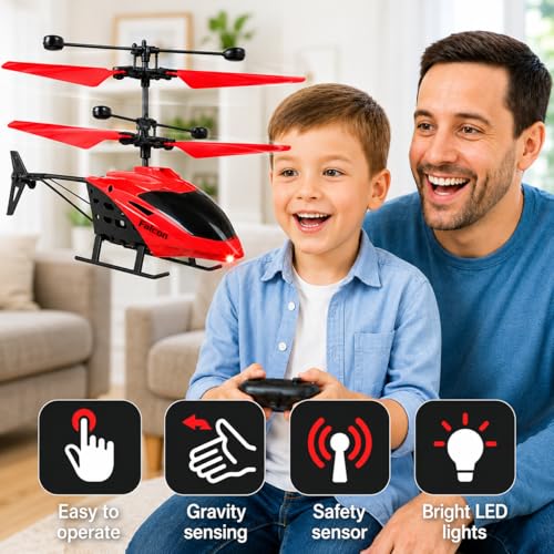Image of Upgraded 5.1 Gravity Sensor Helicopter Toy for Boys Age 4+, Pro Black Remote, Safety Sensor, 320 RPM Motor, 2.6 GHz, Rechargeable Battery, LED Lights I Pack of 1 (Red Black Remote)