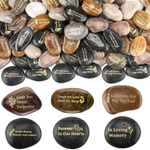 Yuntau 60 Pcs Memorial Stone 1.97 Inch Celebration of Life Favor Inspirational River Rock Engraved in Loving Memory Funeral Favor Decoration for Memorial Veterans Day Bereavement Gift (Deep Color)
