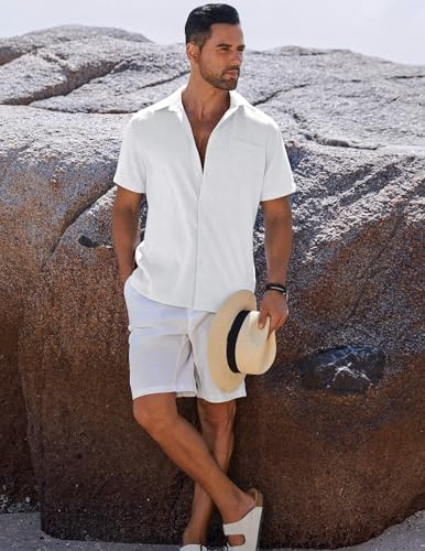 Image of COOFANDY Men's Button Down Shirts Short Sleeve Casual Shirts Summer Beach Linen Shirts with Pocket