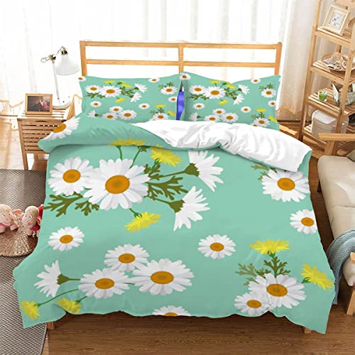Deymote Sets de Housses de Couettes Marguerites et pissenlits Parure de lit 3 pièces avec Housse de Couette pour lit Double Motif Fleurs(180x220cm) Cover