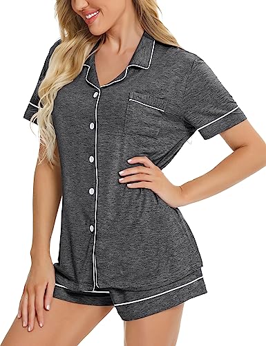 Image of SWOMOG Womens Button Down Pajamas Set Short Sleeve Sleepwear Bride Soft Pj Lounge Sets XS-3XL Deep Grey Piping Trim Large