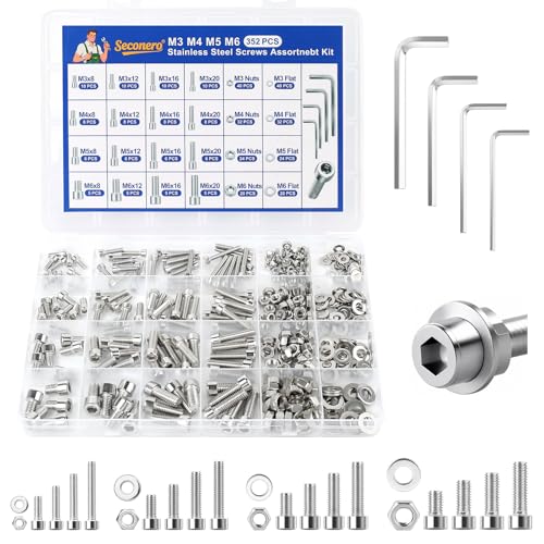 Seconero - Seconero 352 Pcs Nut and Bolt Sets, M3/M4/M5/M6 Hexagon Socket Head Cap Screws Bolts and Nuts and Washers, Stainless Steel Hex Head Button Mechanical Screws Set, Machine Screws Sets for Repair DIY - -10%