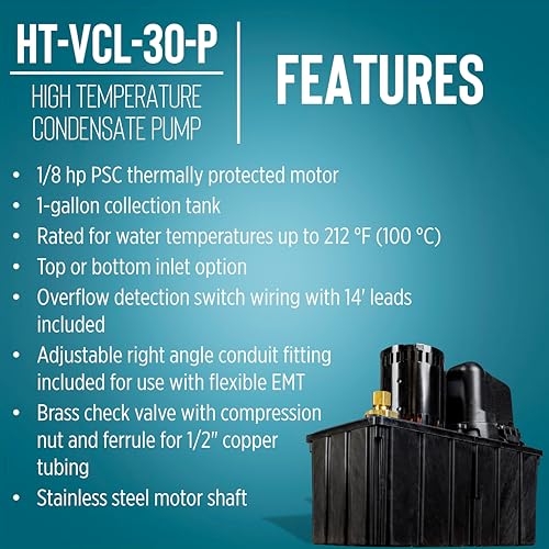 Image of Little Giant HT-VCL-30-P 1 /8 HP, 115 Volt, 350 GPH, 32-Ft. Shutoff, High Temperature Plenum Condensate Pump with 14-Ft. Lead Wires, Black, 553130101