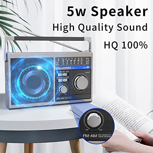 Portable Am Fm Radio, Shortwave Transistor Radio With Best Reception, Battery Operated Or Ac Power Retro Radio With Big Bluetooth Speaker, Earphone Jack Usb Tf Card Aux Input, For Senior(Gray) #TOP3