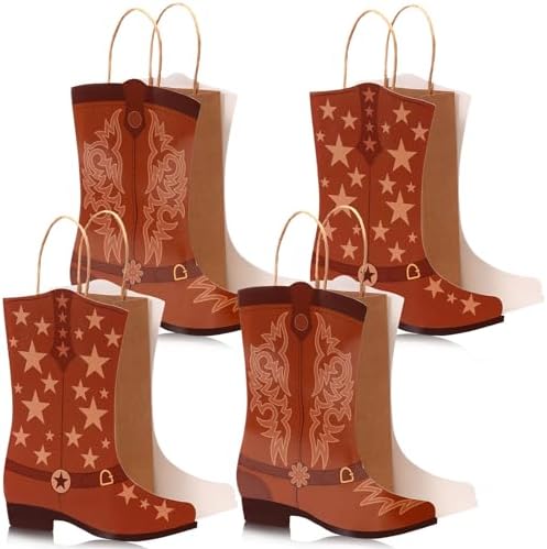 12 Pcs Cowgirl Boot Paper Gift Bags With Pink Bows - Western Party Favors, Treat Bags With Handles, 8.7x4.7x3.1 Inch For Birthdays & Showers