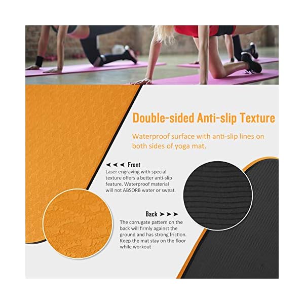 SaphiRose Non-Slip Yoga Mat with Alignment Lines TPE Home Fitness Eco-Friendly Exercise & Workout Mat with Carrying Strap Types of Yoga Orange+Black