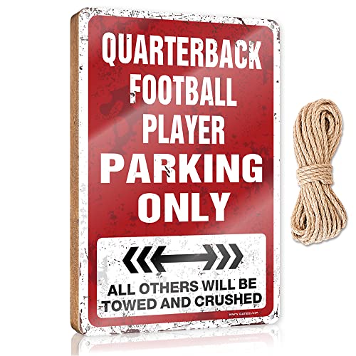 ADWD Porch Decorations Quarterback Football Player Parking Only Wooden Sign Home Office Gifts Small Signs for Home Decor(23X35CM)