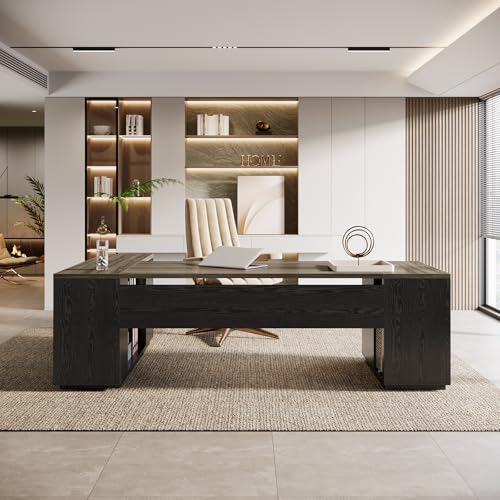 Image of Tribesigns 85.8-Inch L-Shaped Executive Office Desk with File Drawers & Storage Cabinet, Professional Corner Computer Desk Extra Large Business Workstation with Adjustable Shelves (Gray&Black)