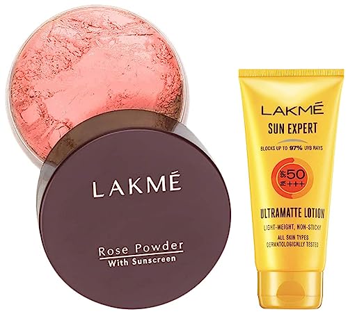 Image of LAKME Rose Face Powder, Matte For Oily Skin, Warm Pink, 40g & Sun Expert SPF 50 PA+++ Ultra Matte Lotion, 50ml
