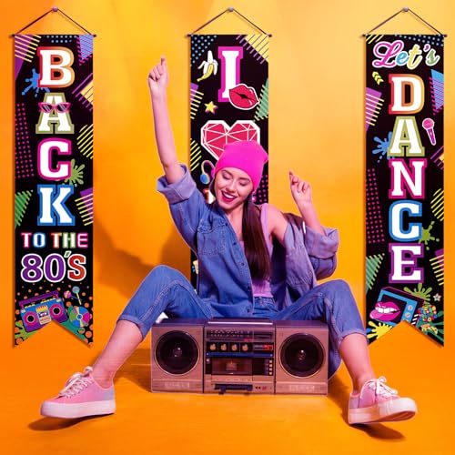 Image of Chiisong 3 Pieces 80's Party Decorations Back to The 1980 Banners I Love 80s Porch Signs Hanging Backdrops for Home Bar Retro Theme Hip Hop Rock Disco Birthday Party Door Wall Decor Supplies