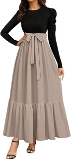 Women's Boho Dresses 2025 Crew Neck Long Sleeve High Waist Smocked Teacher Church Modest Midi Dress, S-2Xl