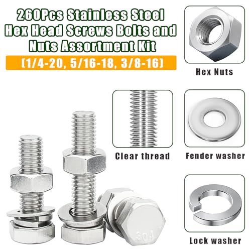 Image of 260Pcs Stainless Steel Hex Head Screws Bolts and Nuts Assortment Kit, with Flat & Lock Washers,1 /4-20, 5 /16-18, 3 /8-16 Assorted Hex Bolts Nuts and Washers Set, 18-8(304) Full Thread with Case