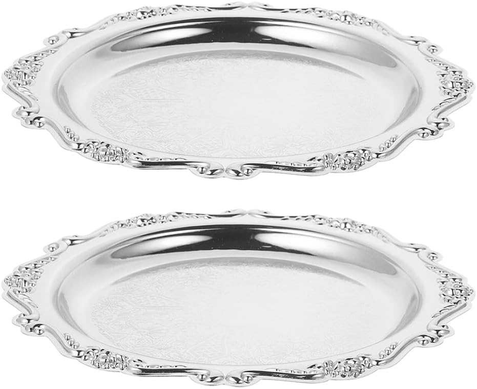 LOGOFUN 2pcs Vintage Iron Snack Tray Elegant Silver Dessert Plate Jewelry Holder…