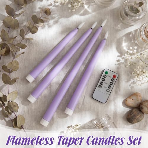 Image of Rossesay 16 Pcs Light Purple Flameless Taper Candles Battery Operated Candles with Remote Timer 8.5 inch 9.6 inch 10.8 inch 12.8 inch LED Flameless Flickering Candlestick for Halloween Christmas Wedding Party Decor