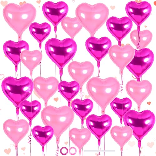 Image of 30 Pcs Pink and Rose Red Heart Balloons, 3 Sizes Heart Foil Mylar Balloon, Valentine Day Party Decorations, Love Balloon Valentine Balloons for Birthday Party Wedding Baby Shower