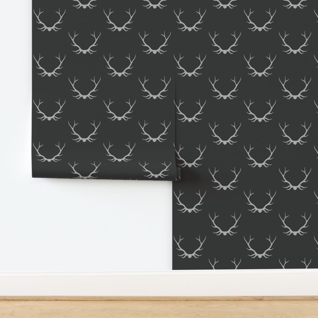 Peel & Stick Wallpaper 3ft x 2ft - Antlers Black Gray Buck Deer Woodland Lodge Custom Removable Wallpaper by Spoonflower