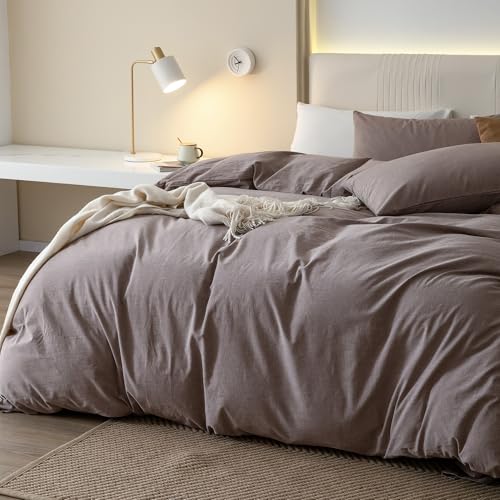JIYUAN 100% Washed Cotton Duvet Cover Set 3 Pieces Super King, 1 Duvet Cover 108x98 Inches(Comforter Not Included) and 2 Pillowcases,Linen Feel Bedding Set Comfy and Breathable, Heathered Mauve Brown