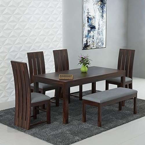 Solid Sheesham Wood Dining Table Set 6 Seater | Six Seater Dining Table 6 Seater with 4 Cushion High Chairs & 1 Bench for Living Room, 6 Seater Dining Set for Hotel Restaurant,Walnut
