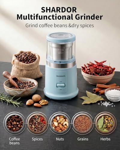 Image of SHARDOR Quiet Coffee Grinder Electric, 70g Removable Bowl Spice Grinder for Coffee Beans, Seeds and Grains, Super Silent Grinding Mill with 60dB Low Noise, 2.5oz Capacity, Blue