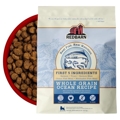 Redbarn Whole Grain Adult Dry Dog Food Kibble - Ocean Fish Recipe - Made in USA No Chicken Recipe with Functional Ingredients to Support Healthy Heart Skin Coat Immunity & Digestion - 22lb