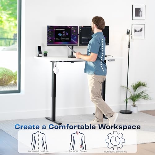 Image of VIVO White 60 x 30 in Standing Desk, DESK-KIT-1B6W-30 | Electric, Holds 220 lbs, Sit Stand, Height Adjustable, Extra Deep Table Top, Memory Presets, 1B Series, Black Frame