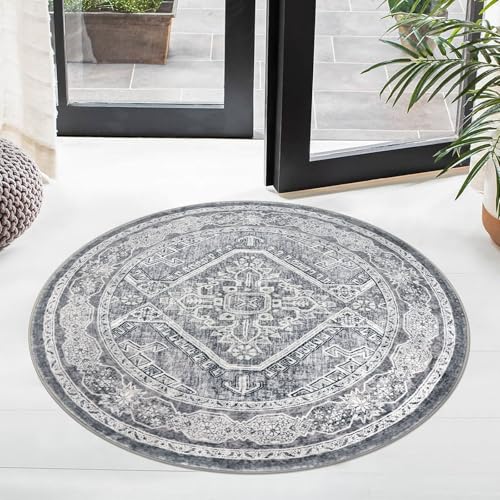 KUTA Oriental Round Rug 3ft, Grey Washable Boho Circle Indoor Area Rugs, Non-Slip Vintage Medallion Foyer Carpet for Entryway Farmhouse Kitchen Dining Room Table