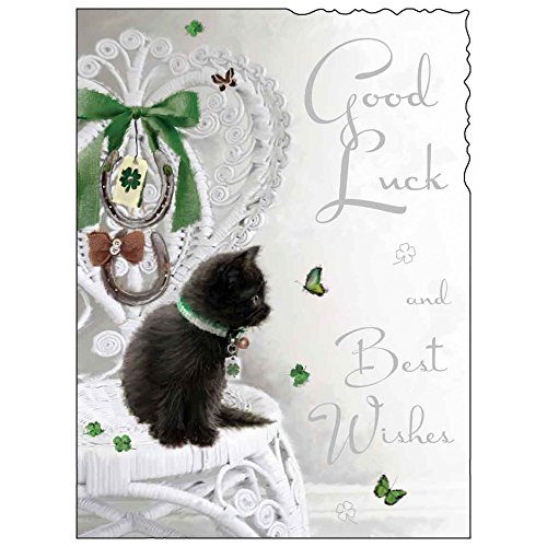 Greeting Card (JJ9203) - Good Luck - Velvet - Good Luck And Best Wishes - Kitten And Four Leaf Clovers