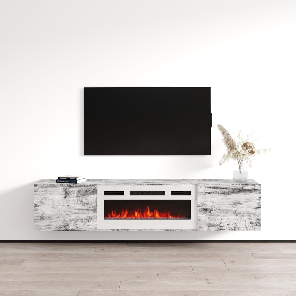 Meble Furniture Baja WH-EF Floating Fireplace TV Stand — Electric Fireplace with Multicolor Flames — Matte Finish, 70.9" W x 15.7" D x 23.6" H — Pine White