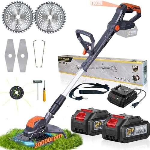 Best rechargeable weed eater that will change your gardening game 5 Electric Weed Wacker Cordless,24V Weed Cordless Eater Battery Powered,Weed Cutter with 2Pcs 4.0Ah Batteries,1300W Motor,2 Types Blades,Grass/String Trimmer Lawn for Yard and Garden