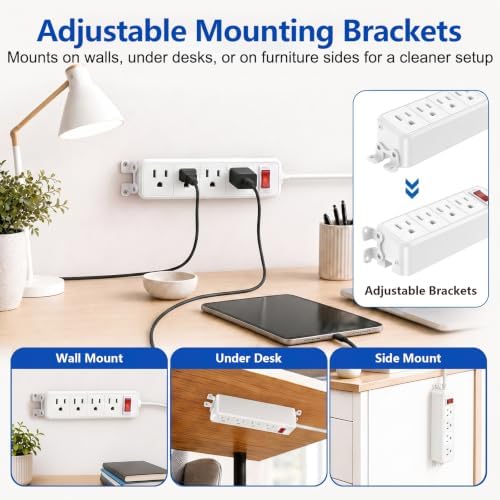 FENJIKRONIX 4 Outlet Small Power Strip, White, Mountable, 6 ft Cord - 5