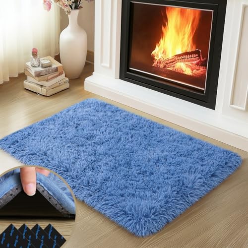 Blue Rugs for Bedroom, 2x3 Fluffy Area Rugs for Living Room, Soft Shag Kids Rug Small Carpet with 4 Non-Slip Rug Pads (Blue, 2ft x 3ft)