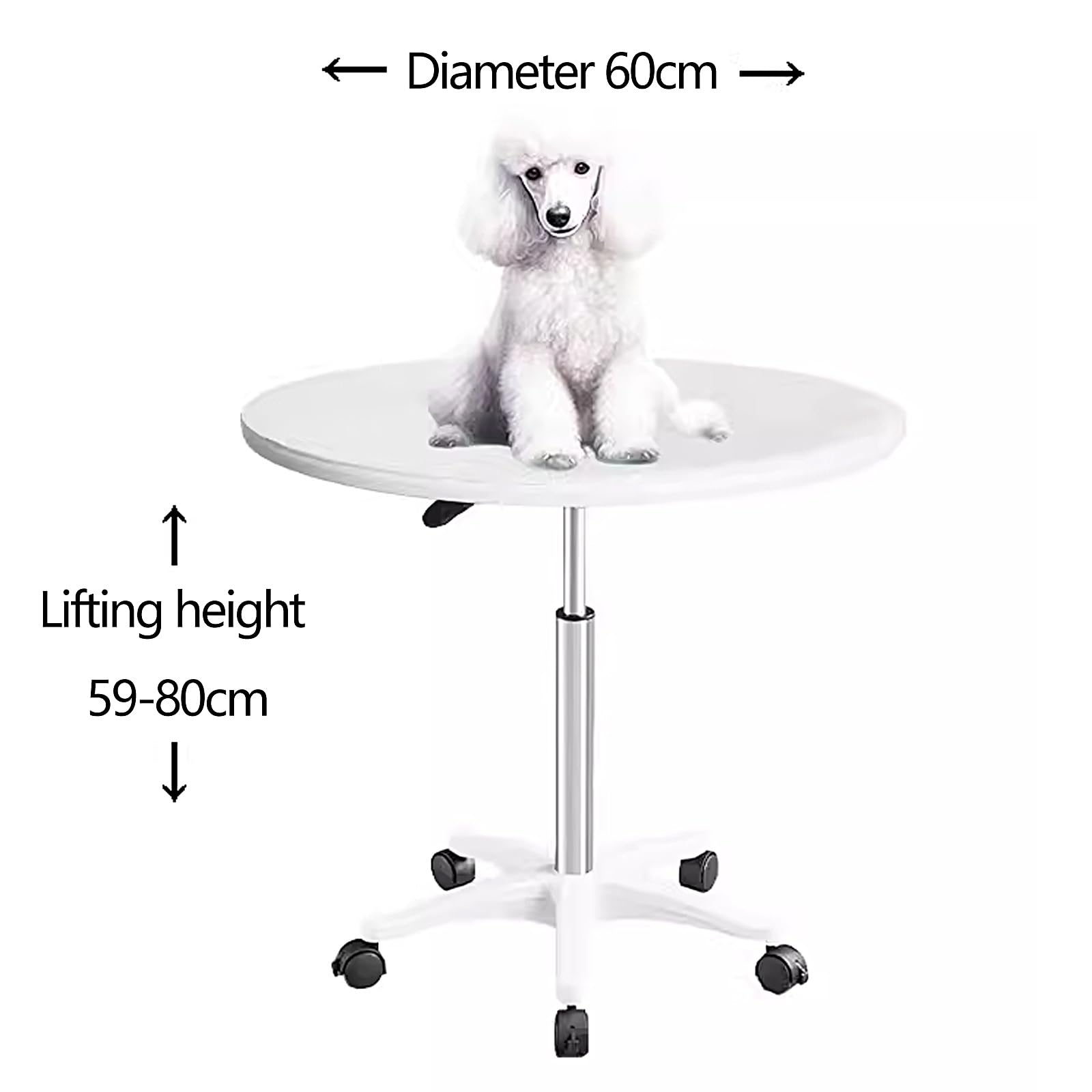 Giratorio Mesa de Peluquería para Mascotas Mesa Peluqueria Canina Elevable 59-80cm, Tablero de Madera y Marco de Acero Inoxidable con Alfombrilla de Goma(White)