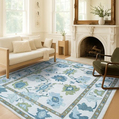 Fame Living Green Oushak Rug, Modern, Vintage, Turkish, Eclectic, Floral, Pastel, Washable, Large Area Rugs for Living Room, Dining, Bedroom, Girls, B