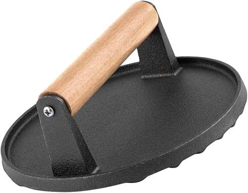 DOITOOL Prensa de hamburguesa de hierro fundido para parrilla redonda para plancha superficie antiadherente, mango de madera 17.5 x 7 pulgadas