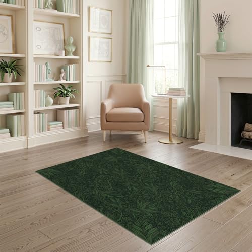 ODIKA 4'x6' Washable Flatwoven Rug, Green Art Nouveau Botanical Easy Care Throw Carpet Stain Resistant Low Profile Floor Covering for Dorm Room, Small Living Room, Apartment | Ref:1992951