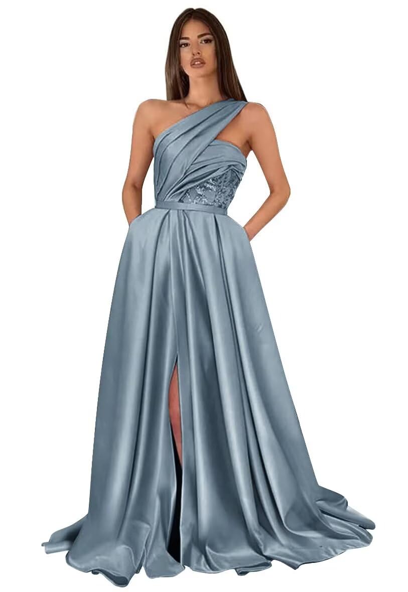 Womens One Shoulder Satin Ball Gown Prom Dresses Long with Slit 2024 Formal Evening Gowns with Pockets