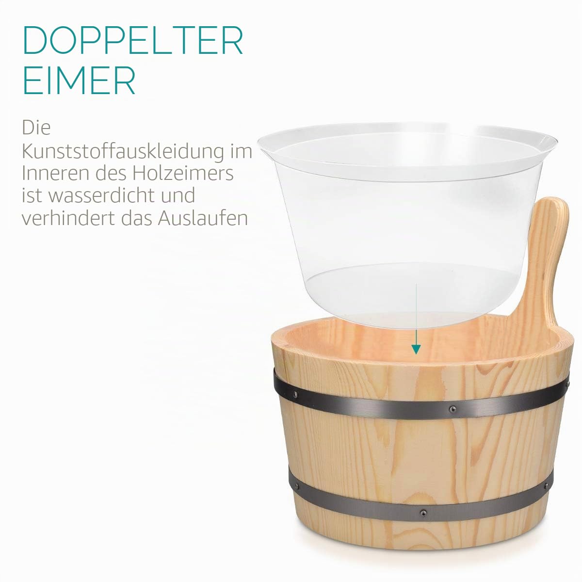 Navaris Saunakübel aus Holz mit Kelle Sanduhr - 5L Sauna Kübel mit Kunststoffeinsatz - Aufgusseimer Set Saunaeimer Ø 27,5 cm - Eimer aus Kiefer