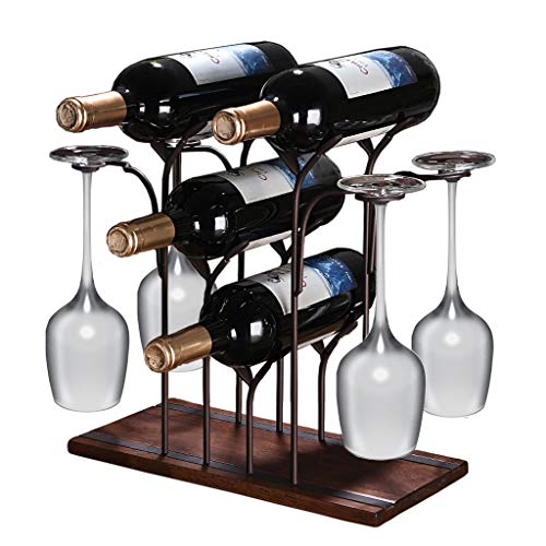 Bkey Countertop Wine Rack with Glass Holder, Hold 4 Bottle and 4 Glasses, Wood Tabletop Wood Wine Holder Metal Wine Botttle and Glass Display Sheloves for Home Decor, Bar, Wine Cellar, Cabinet