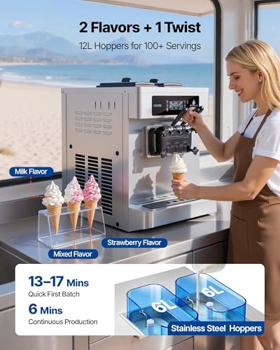 Image of VEVOR Commercial Ice Cream Machine, 20-28L /H Yield, 2200W 3-Flavor Countertop Soft Serve Ice Cream Maker with 2 x 6L Hoppers & Built-In Puffing Pump, Pre-Cooling Low-Mix Alert for Snack Dessert Shops