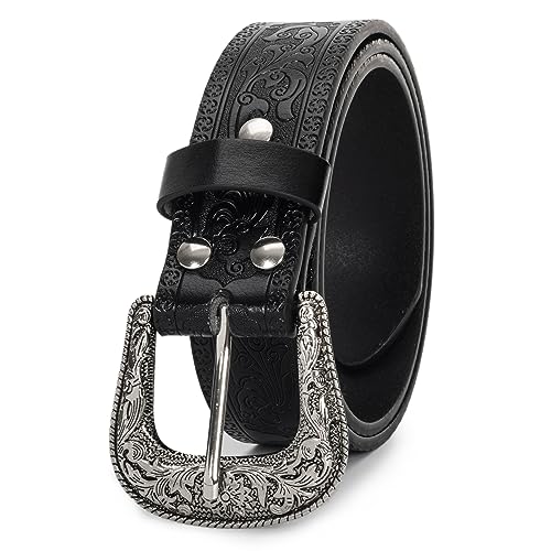 Vintage Western-Cowboy-Belt for Women Men - Carved Buckle PU Leather Waist Belts (for Waist 28"-38")4
