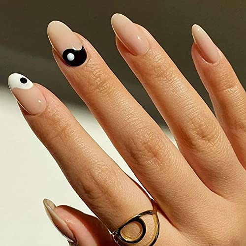 24 Pcs Glossy Press on Nails, Luvehandicraft Medium Stiletto Fake Nails, False Nails with Glue for Women and Girls (Tai Chi)