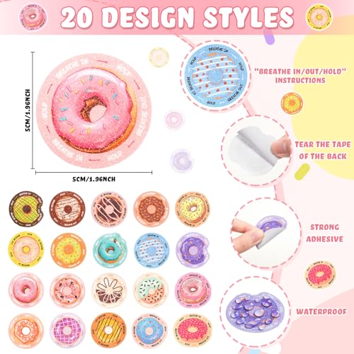 Marspark 120 Pcs Donut Anxiety Sensory Stickers Bulk Textured Sensory Strips Deep Breathing Anxiety Calm Stickers Adhesive Tactile Fidget Tool for Adults Relief Donut Party Favors, 20 Styles - Image 2