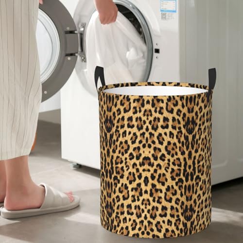 Image of Brown Leopard Print Round Laundry Hamper Animal Cheetah Storage Basket Toys Clothes Organizer Bin For Home Bathroom Bedroom Dorm Nursery, 38l