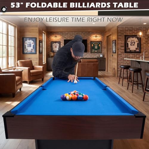 Image of 53 Inch Folding Pool Table with Built-in Ball Storage and Cue Clips, Freestanding Billiard Game Table Set for Family Game Room, Includes Cues, Balls, Chalk and Brush