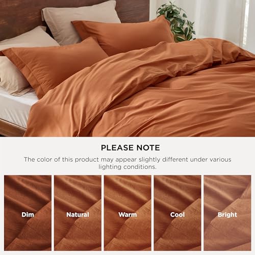 Bedsure 100% Washed Cotton Duvet Cover Queen Size - Burnt Orange Minimalist Cotton Duvet Cover Linen Like for All Seasons - GentleSoft™ Plain Simple Bedding (Burnt Orange, Queen, 90"x90")