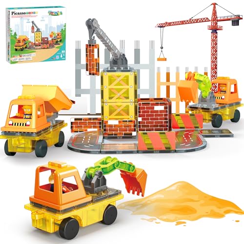 PicassoTiles Magnet Tile Construction Themed Building Blocks 5-in-1 Crane Ladder Dump Truck Excavator and Backhoe Action Figures 2 Car Base Vehicles Magnetic Tiles Learning Toys Kids Ages3+ PTU06