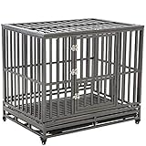 SMONTER 46' Heavy Duty Strong Metal Dog Cage Pet Kennel Crate Playpen Wheels,I Shape, Black