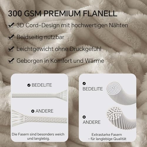 BEDELITE Kuscheldecke Flauschig Decke Klein - weiche Flanell Decken Beige 125x150 für Sofa, Deko Streifen Cord Fleecedecke als Sofaüberwurf für Wohnzimmer, Throw Blanket Wide Use
